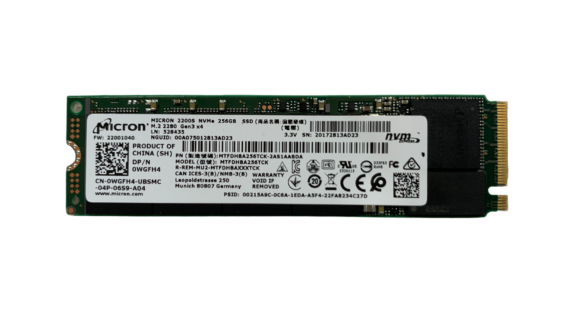 Voorkant Dell OEM Micron 2200s 256GB M.2 2280 PCIe NVMe SSD
