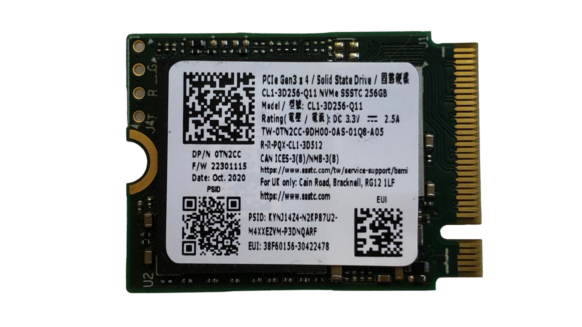 Voorkant Dell OEM SSSTC CL1 256GB M.2 2230 PCIe NVMe SSD (Solid State Storage Technology Corporation)