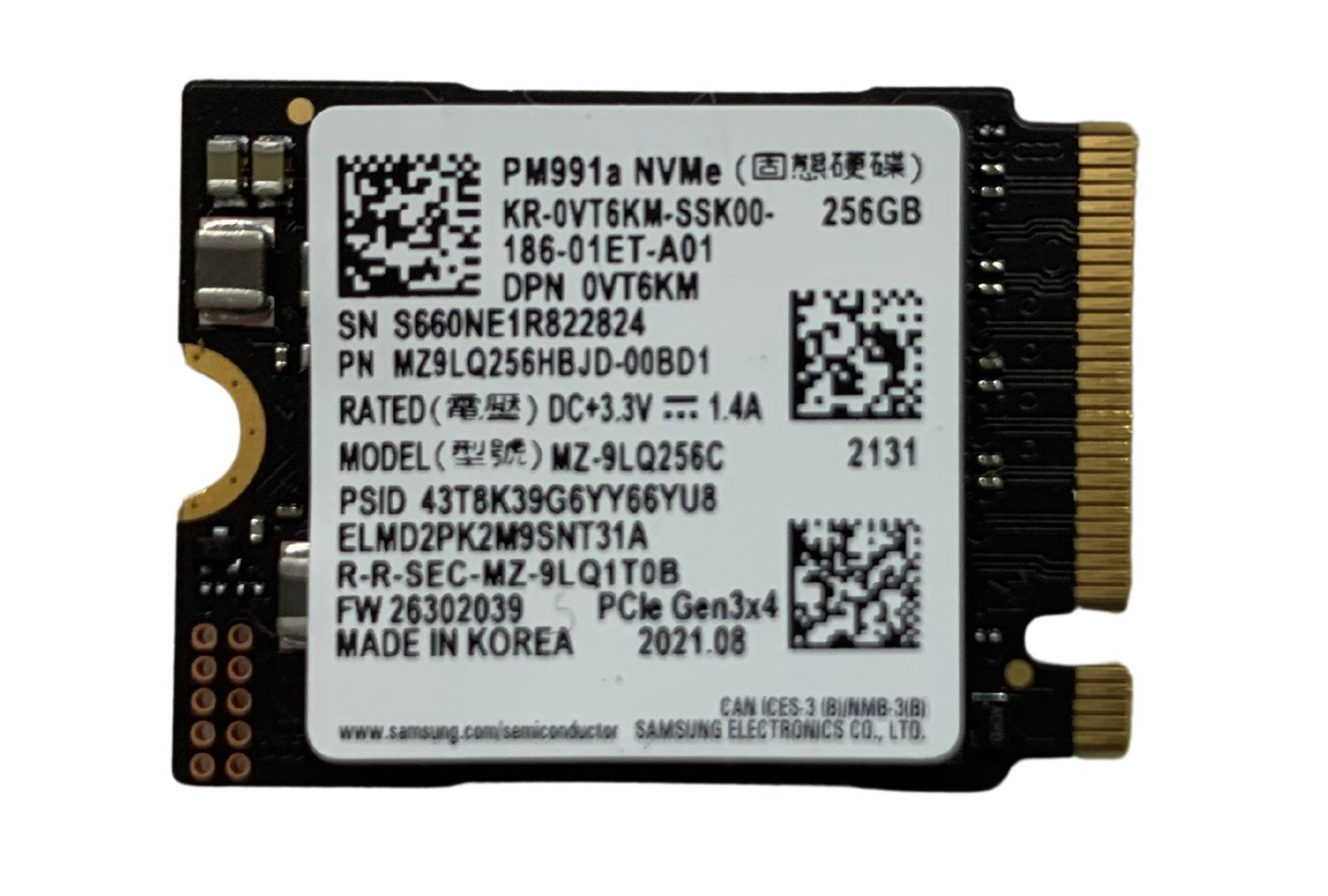 Voorkant Dell OEM Samsung PM991a 256GB M.2 2230 PCIe NVMe SSD