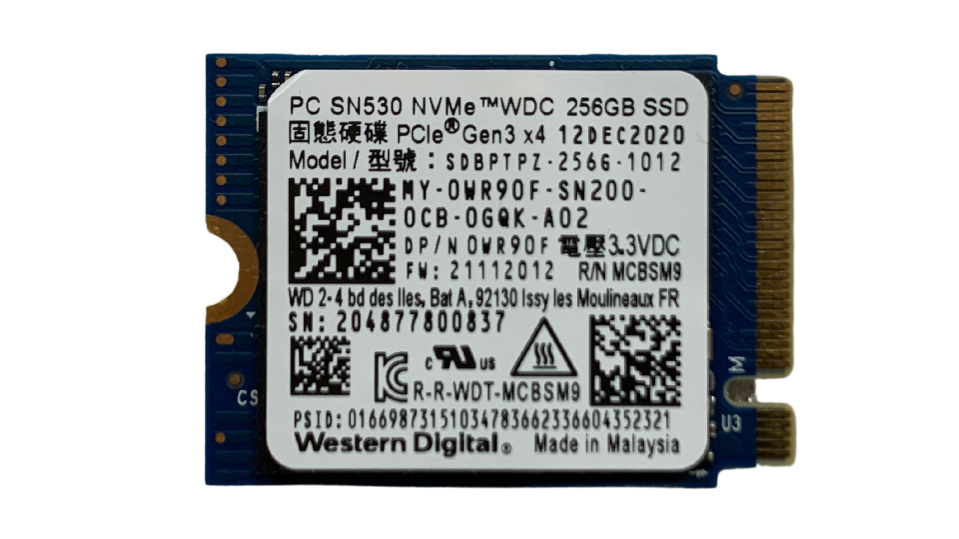 Voorkant Western Digital PC SN530 256GB NVMe SSD