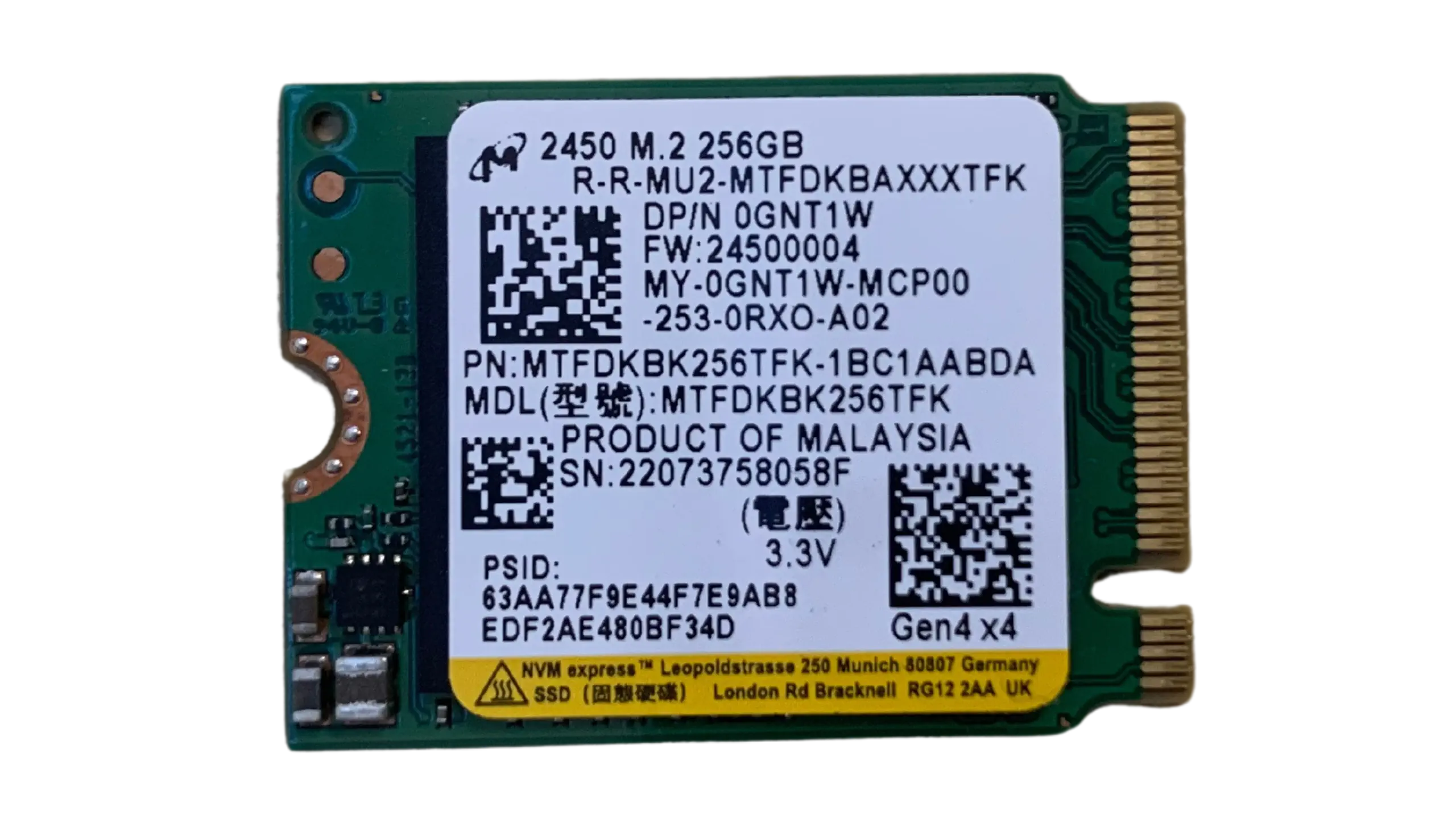 Voorkant Dell OEM Micron 2450 256GB M.2 2230 NVMe SSD